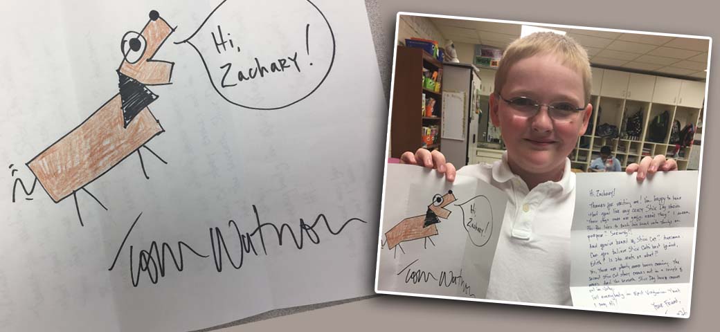 "Stick Dog" author replies to business letter with hand-written note.